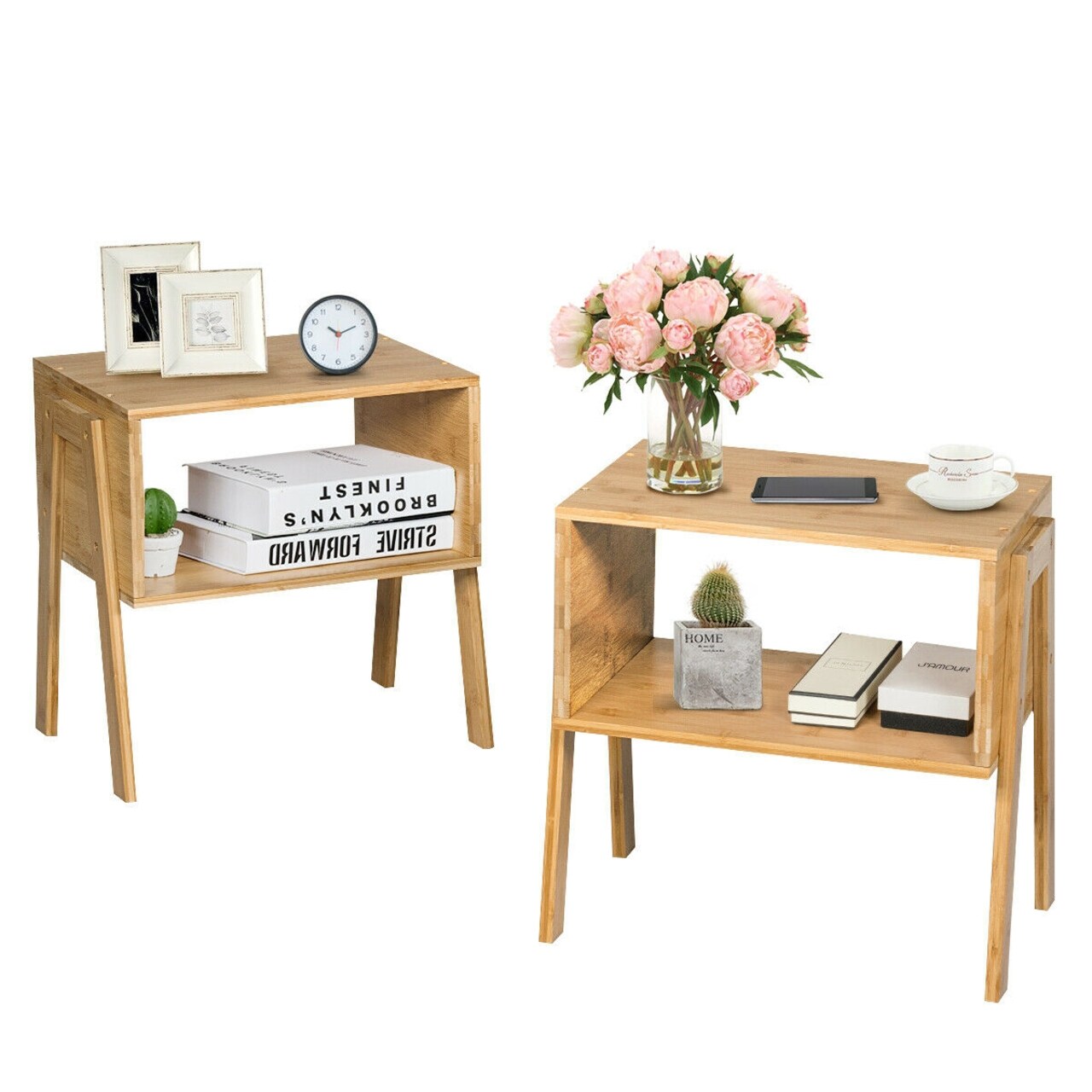 Pair of Wicker Accent Tables with Shelf for Bedroom or Living Room